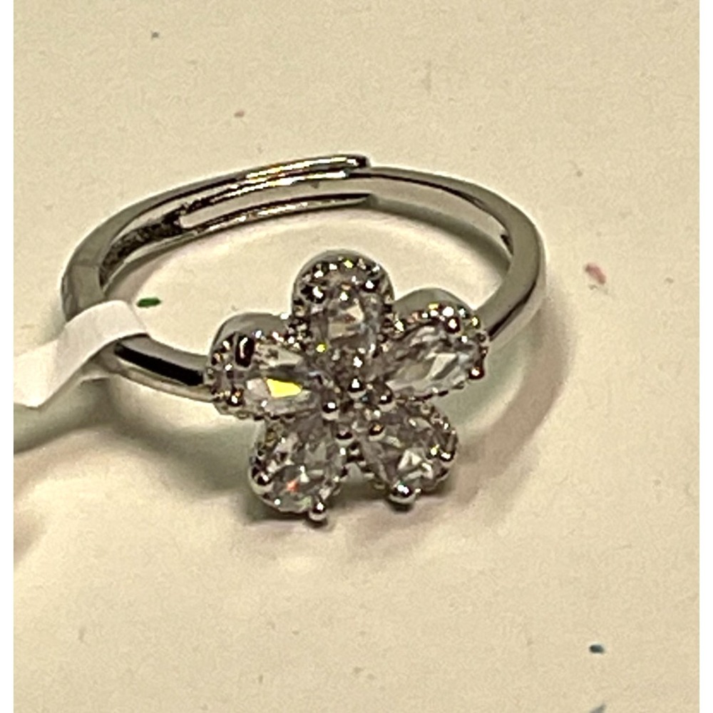 Zircon Silver Plated Flower Ring Adjustable Band White Crystal Floral Jewelry